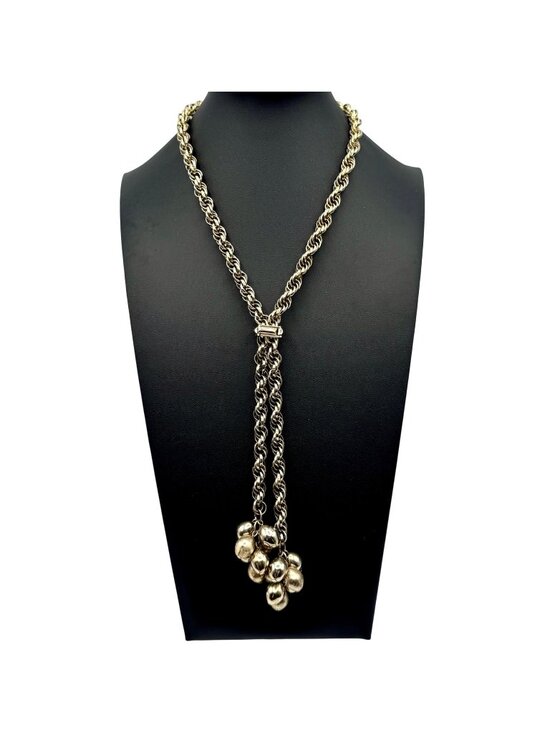 Estate Jewelry - Twisted Rope Tassel Lariat Necklace With Dual Gold-Tone Cluster Charms Vintage